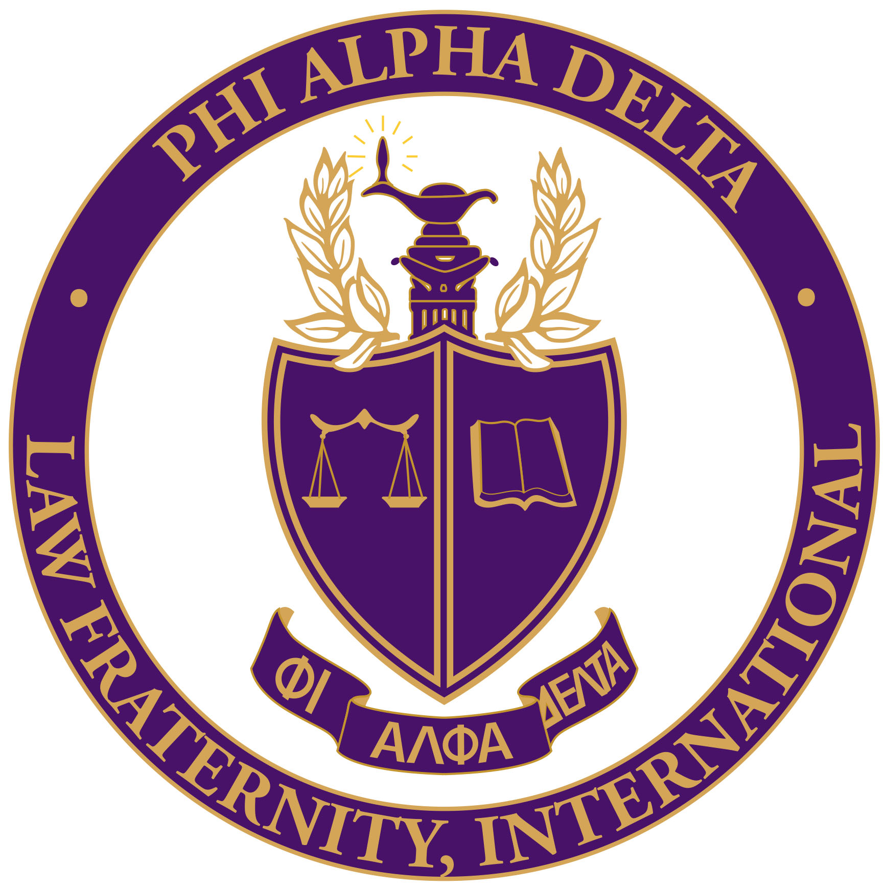 Phi Alpha Delta logo. Purple circle and shield with gold letters.